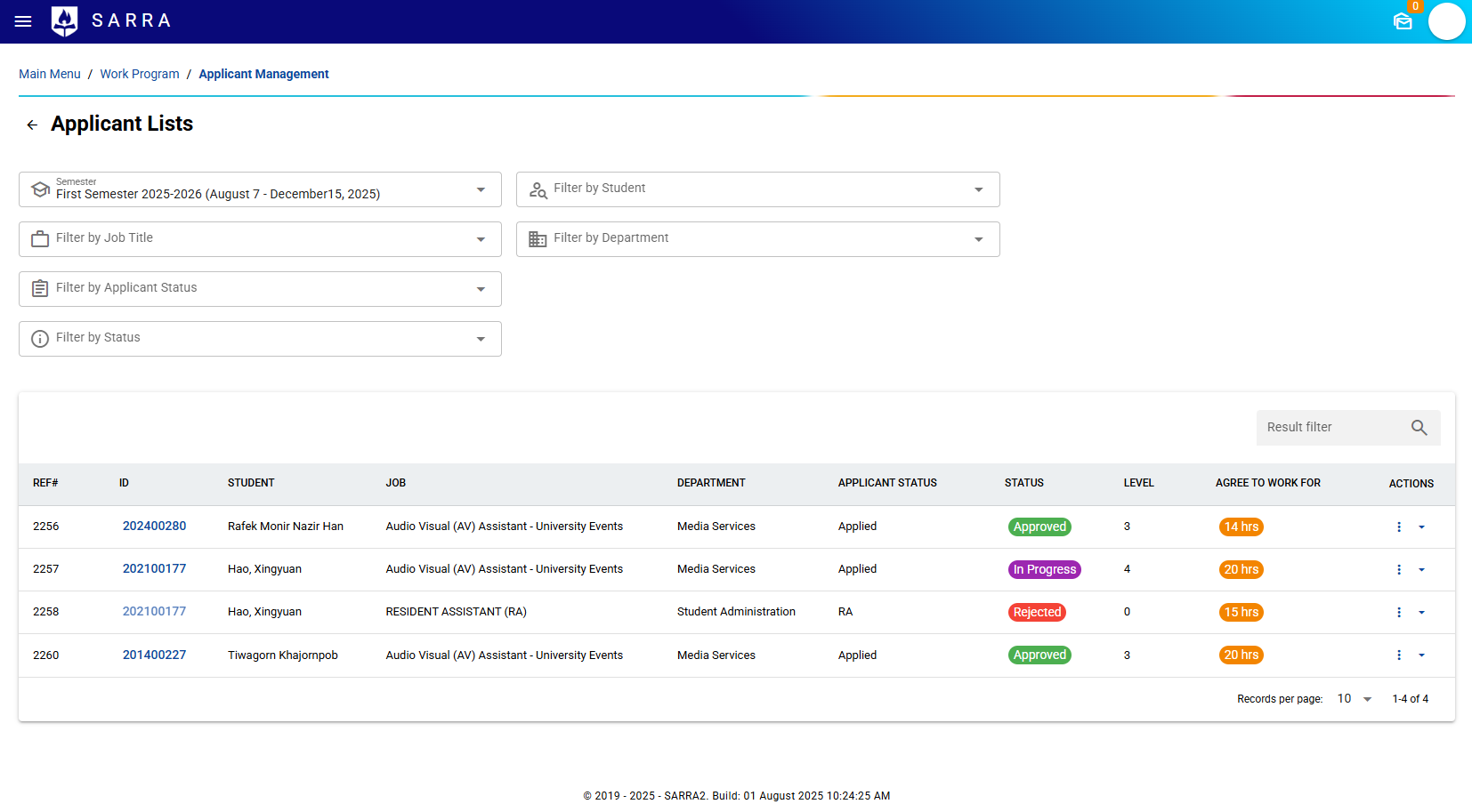 Work Program Menu Interface